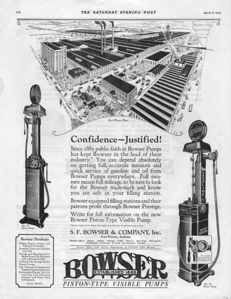 Multiple buildings and two enlarged "Piston-Visible" Bowser gasoline pumps and headline "Confidence -- Justified."