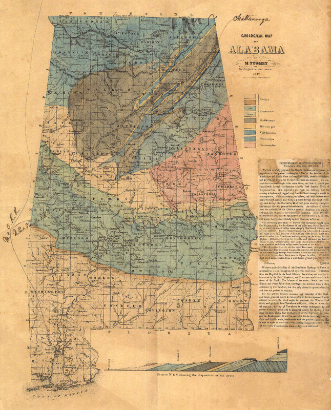Rare 1849 geology map of Alabama printed in 1849 by Michael Tuomey.