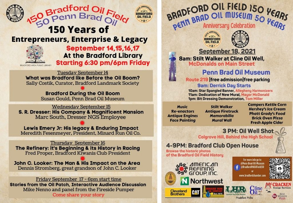 Schedule of events for Bradford Oilfield celebration, September 2021.