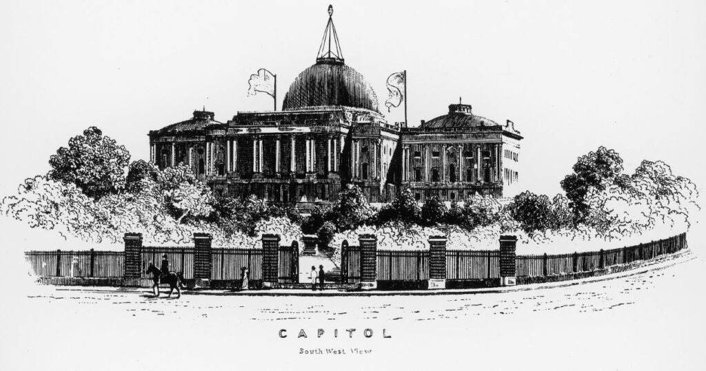 Illustration of manufactured gas lantern atop the U.S. Capitol installed in 1847, and removed a year later. 