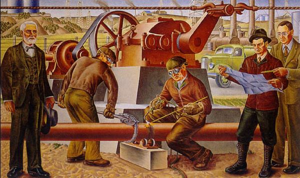 Alexandre Hogue’s 1939 mural “Oil Fields of Graham” with a pipeline and workers.