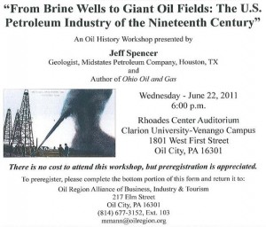Illustration of an oil history workshop presentation by geologist Jeff Spencer.