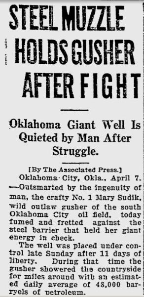 Newspaper headline about "steel muzzle" used to cap oil gusher.