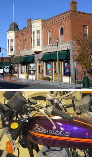 Exterior of California Oil Museum on Santa Paula and a close up of a Kawasaki motorcycle gas tank.