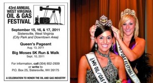 poster for 54rd annual West Virginia Oil & Gas Festival and two festival queens with crowns.