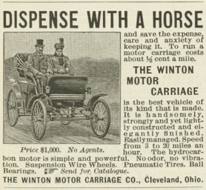 First U.S. auto ad advises readers to "Dispense with a Horse" and buy a $1,000 auto, the Winton Motor Carriage of 1898.