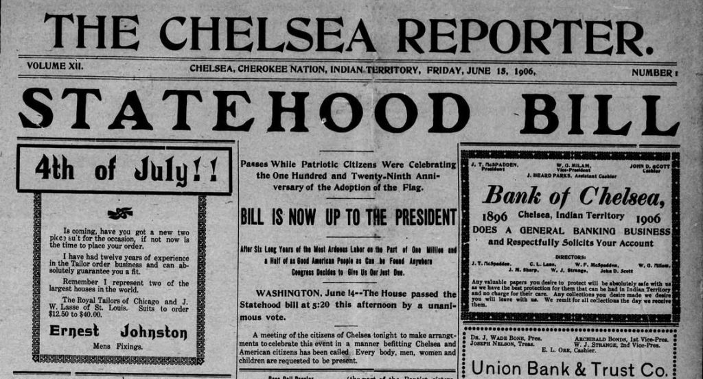 newspaper headline of Oklahoma statehood