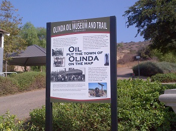 Olinda Oil Museum and Trail sign in California.