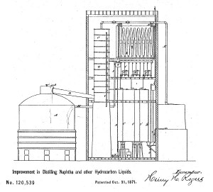 U.S. oil history includes Henry Rogers 1871 patent drawing for refinery process to produce kerosene.