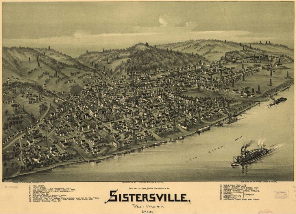 Thaddeus Mortimer Fowler 1896 bird's-eye lithograph map of Sistersville, West Virginia, with surrounding hills and steamboats on the Ohio River.