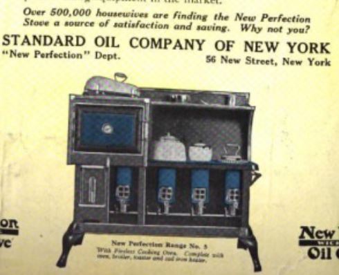 Detail from ad by Standard Oil Company of New York (Socony) ad promoting its kerosene-fueled “New Perfection Oil Cookware” with four burners.