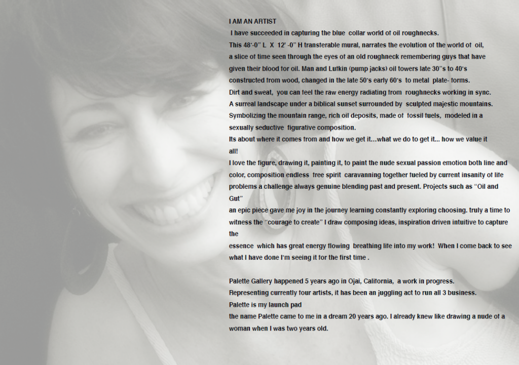 Image and artist bio Barbara Fritsche, who painted 48 feet by 12 feet mural titled “Oil and Guts."