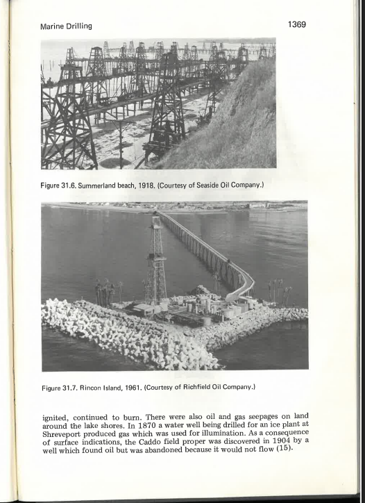 Two photos of oil derricks on California coast.